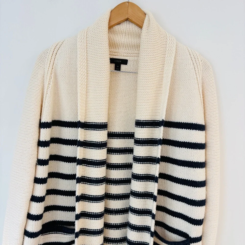 J. Crew Long Open Cardigan Sweater Navy Stripe Cotton Wool Blend Sz XS - Picture 3 of 12